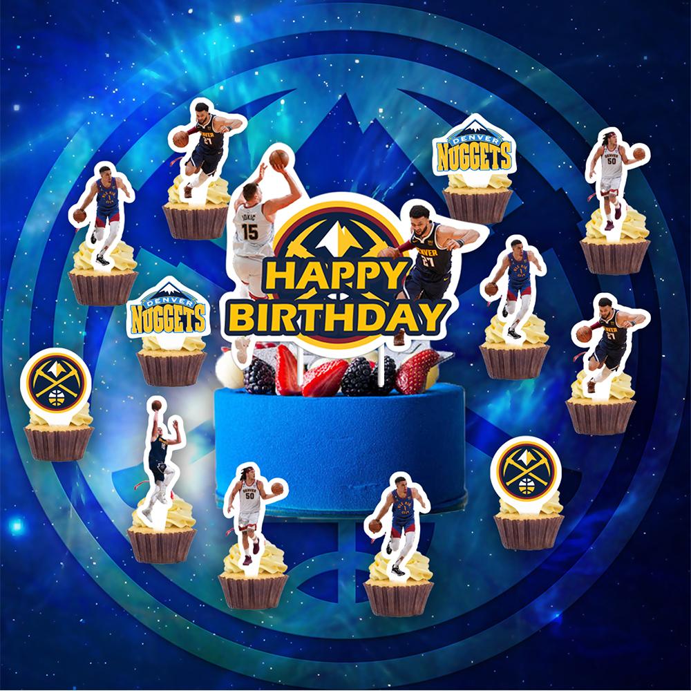32pcs Denver Nuggets Party Supplies include a Banner, Cake Toppers, Balloons