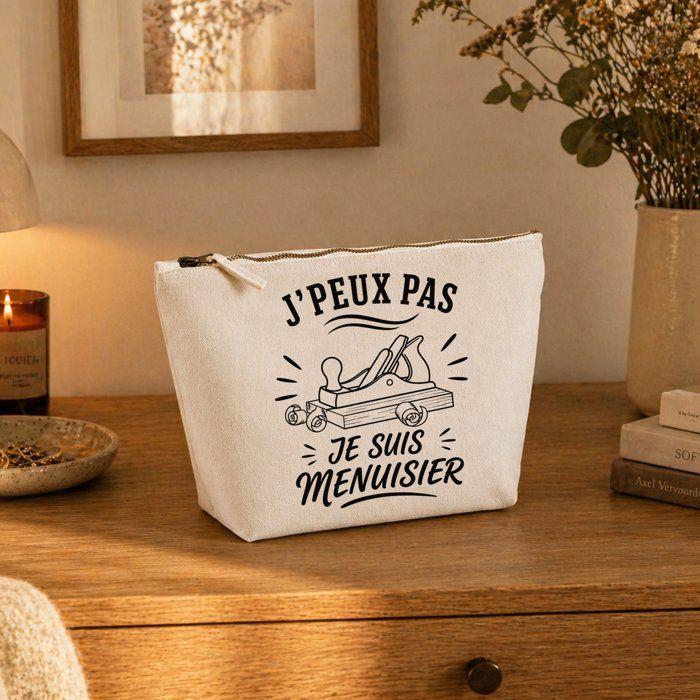 Trousse de toilette - PLANETEE - J’peux pas je suis Menuisier (minimaliste) - Beige - 100% coton - Zip métal 3 L