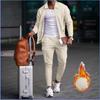 Men Thickened Waffle Turn Down Collar Long Sleeve Jacket And Pants Casual Two Piece Set