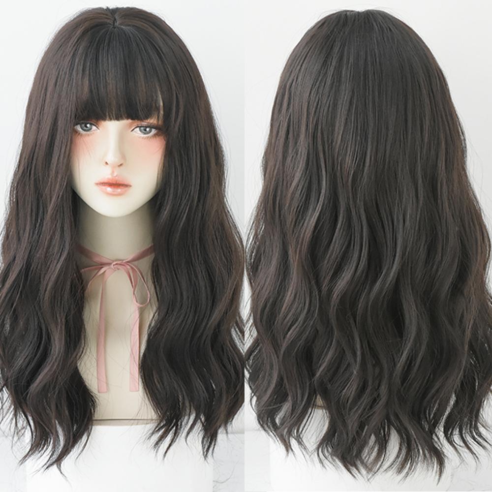 Довга хвиля синтетична перука з чубчиком Жіноча термостійка перука для косплею на кожен день з натуральним волоссям