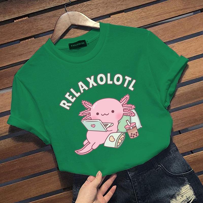New Personalized Creative Axolotl Graphic Print T-shirt Cute RELAXOLOTL Harajuku Casual Loose Short-sleeved Shirt