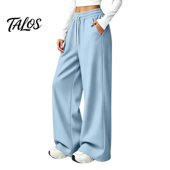 Wrinkle Resistant Casual Pants Women Wide Leg for Fall Winter, Drawstring Elastic Waist Loose Fit Trousers, Solid Color Straight Legs Trousers