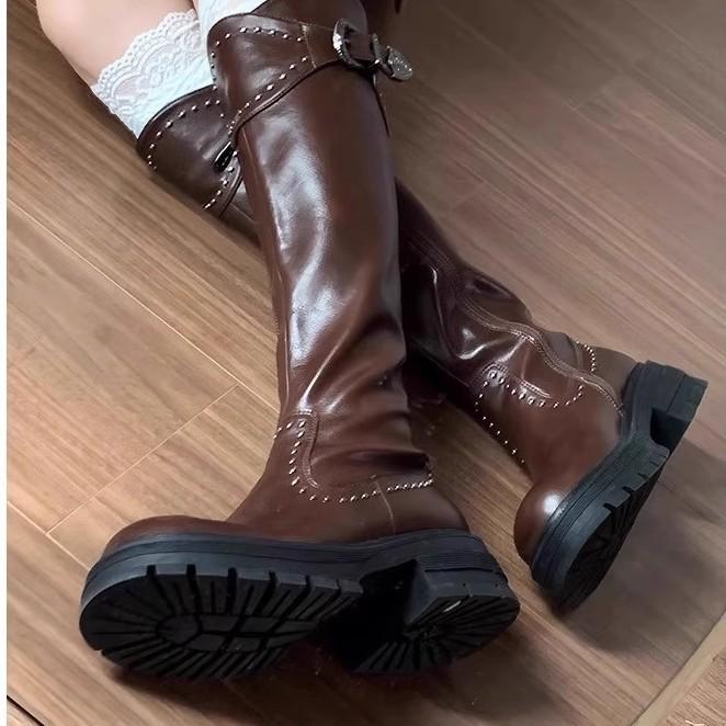 Thick-soled thick-heeled brown Maillard tall long boots women's summer 2025 new autumn western cowboy knight boots