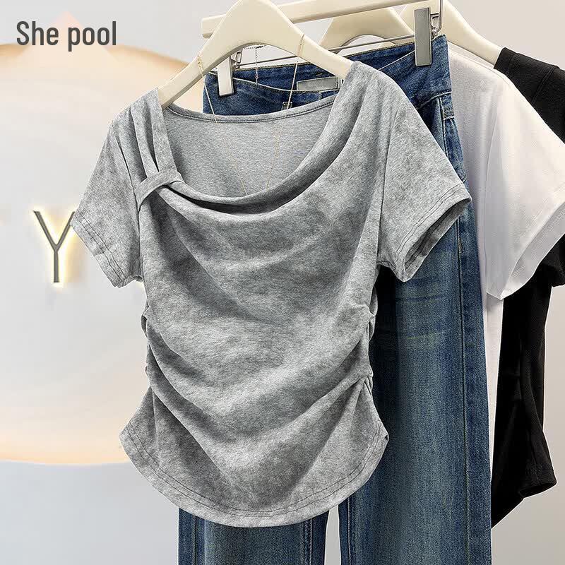 Women s Irregular Pleated Waist-Cinching Short Sleeve Top M