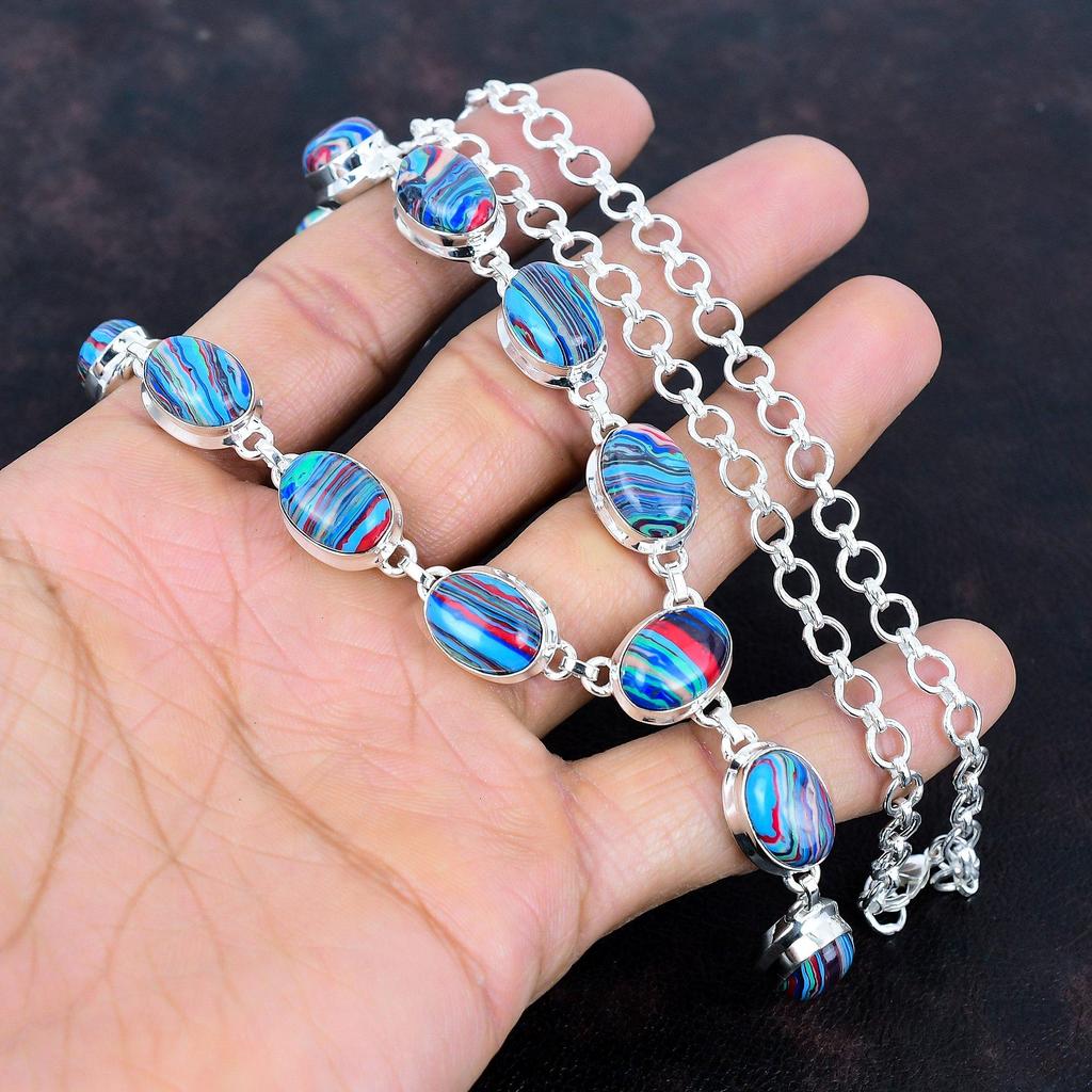 Rainbow Calsilica Necklace Gemstone Necklace Antique Jewelry 925 Sterling Silver Necklace Handmade Adjustable Chain Necklace Gifts for Women