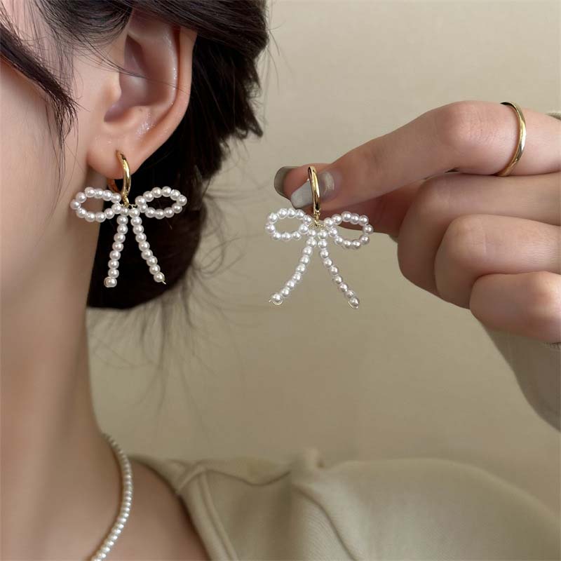 Korean White Imitation Pearl Bow Dangle Earrings for Women Elegant Handmade Woven Beaded Earrings Wedding Y2K Zircon