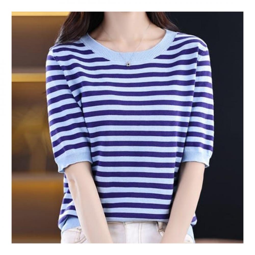 Navava Lightweight Striped Round Neck Short Sleeve Knit Nk2076
