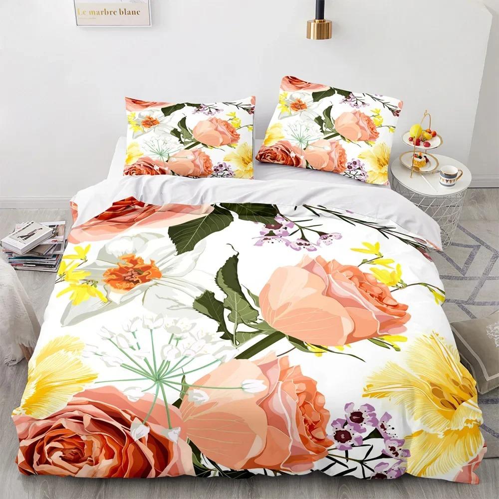 Red Flower King Queen Duvet Cover Pink Rose Bedding Set Dahlias Quilt Cover Floral Leaves White 2/3pcs Polyester Comforter Cover