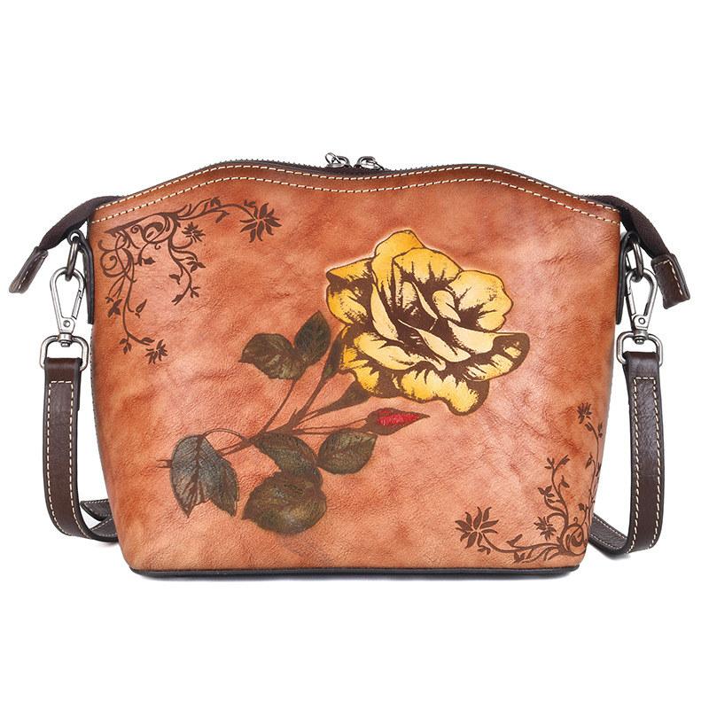 Vintage design Tašky přes rameno s květinovým vzorem z pravé kůže Crossbody kabelka pro ženy Dámská růžová kabelka