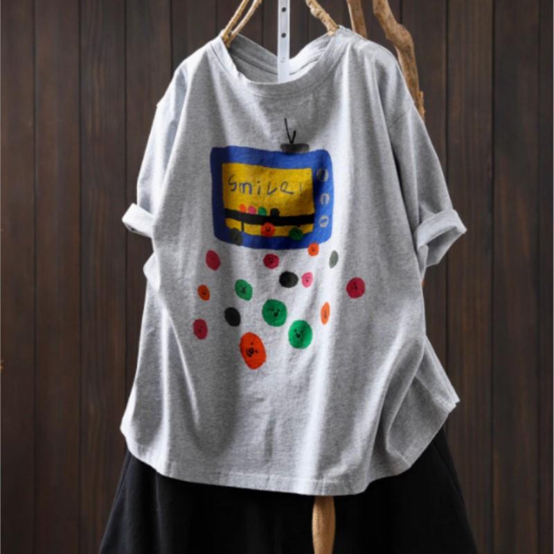 Johnature Women Vintage Print O-Neck Short Sleeve Summer Loose Casual Female T-Shirts