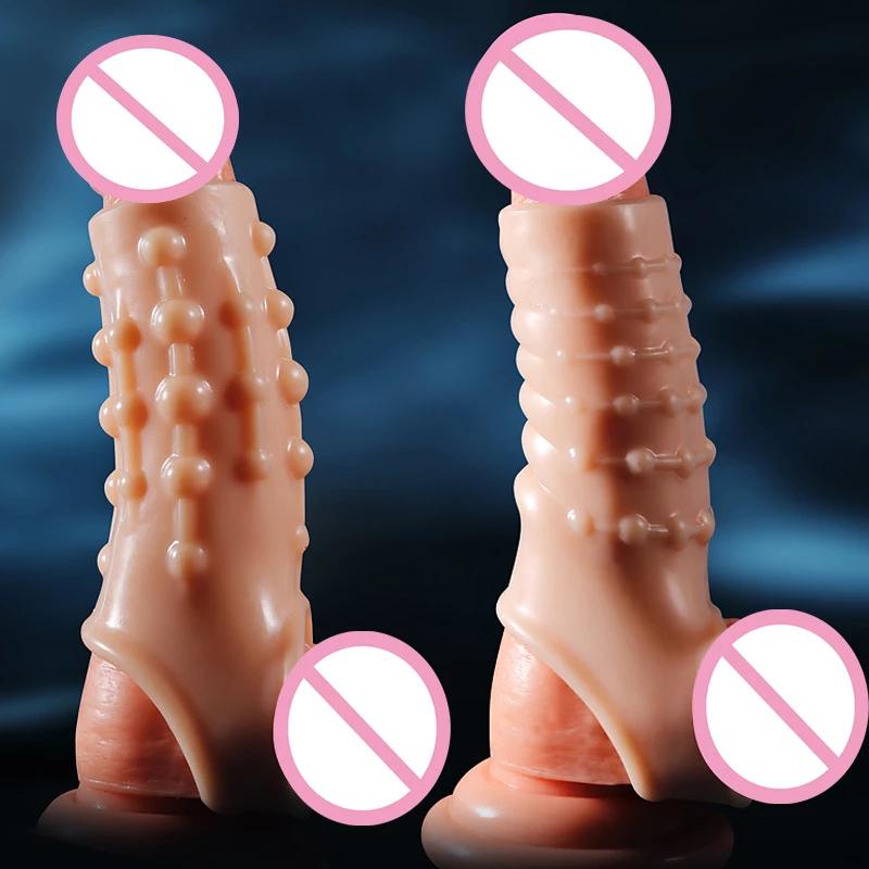 Reusable Penis Sleeve Cock Extender Condom Penis Cuff Thickened Testicle Ring Male Sex Toys