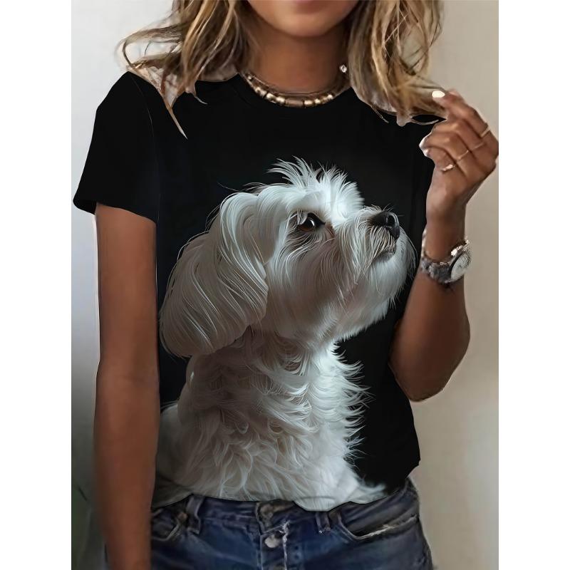3D Digital Print Women Black Crew Neck Short Sleeve Tee Adorable Maltese Dog Pattern Casual Daily Summer Wear