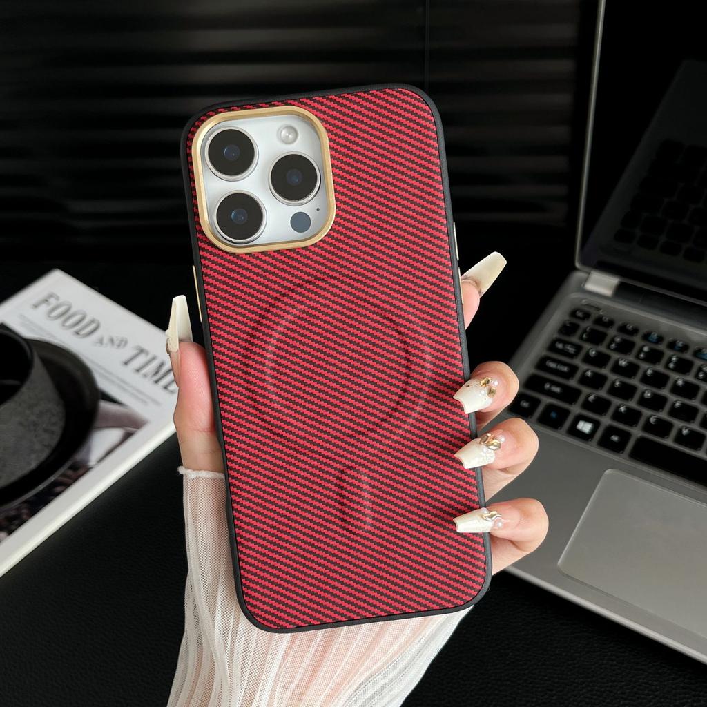 For IPhone 16 ProMax Kevlar Carbon Brazing Pattern Phone Case Magnetic for Apple 15 with Metal Lens Ring