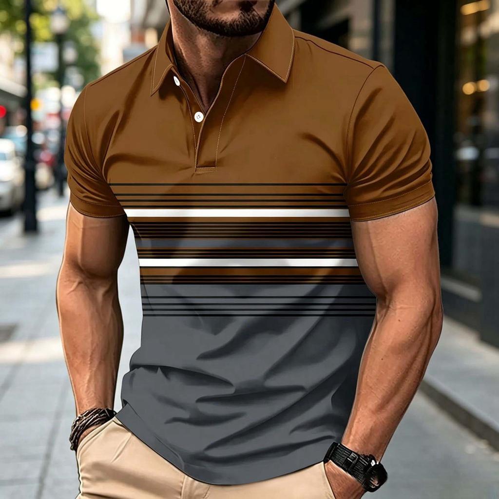 Men's Short Sleeve Polo Shirt Striped Design Button Collar Slim Fit Casual Wear Suitable for Daily and Outdoor Activities