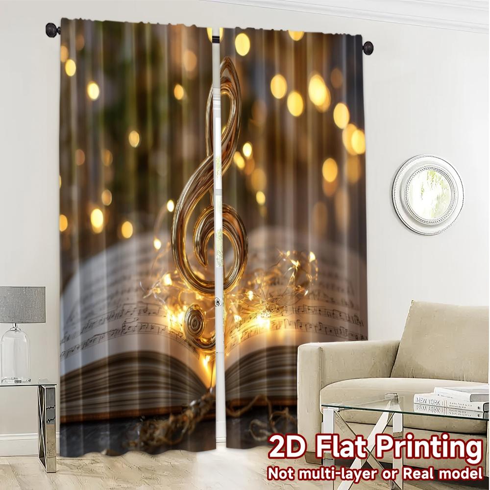 2pcs, 2D FLAT PRINTING Curtains (Without Rod) Golden Melody Light Filtering Popular Curtains Machine Washable Fabric Curtains