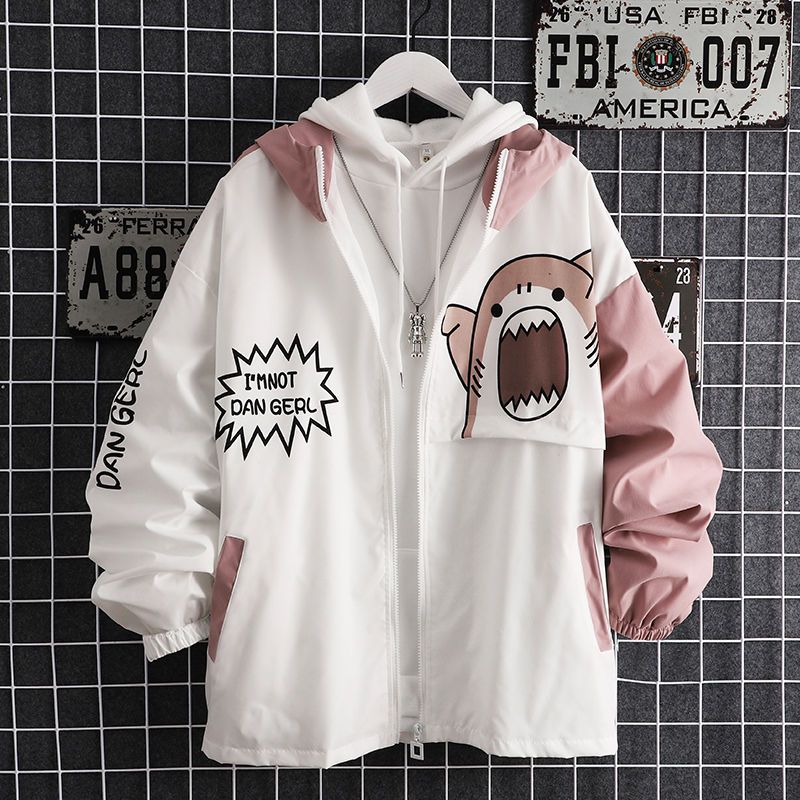 Spring Women Hooded Cute Shark Print Japanese Style Patchwork Teen Hoodies Jacket Fashion Harajuku Women Sweatshirt