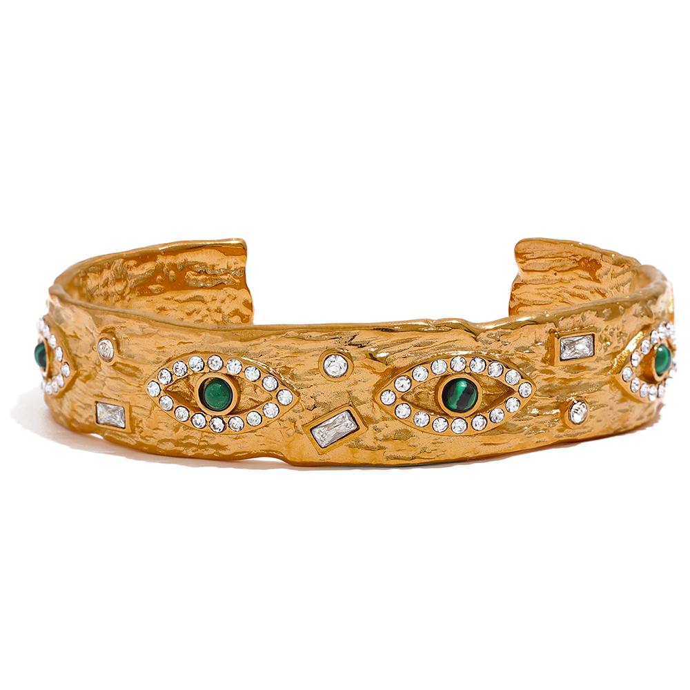 

Yhpup 60mm Exquisite Stainless Steel Charm Eye Zircon Vintage Cuff Open Bracelet Bangle Delicate Gold Color High Quality Jewelry