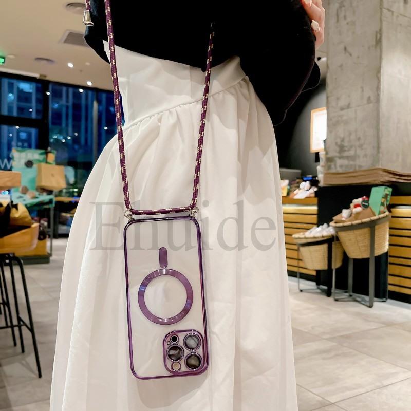 Magnetic Case For iPhone 17 16 14 13 12 11 Pro X XS Max 15 Plus Magsafe Transparent Plating Strap Crossbody Lanyard Neck Cover