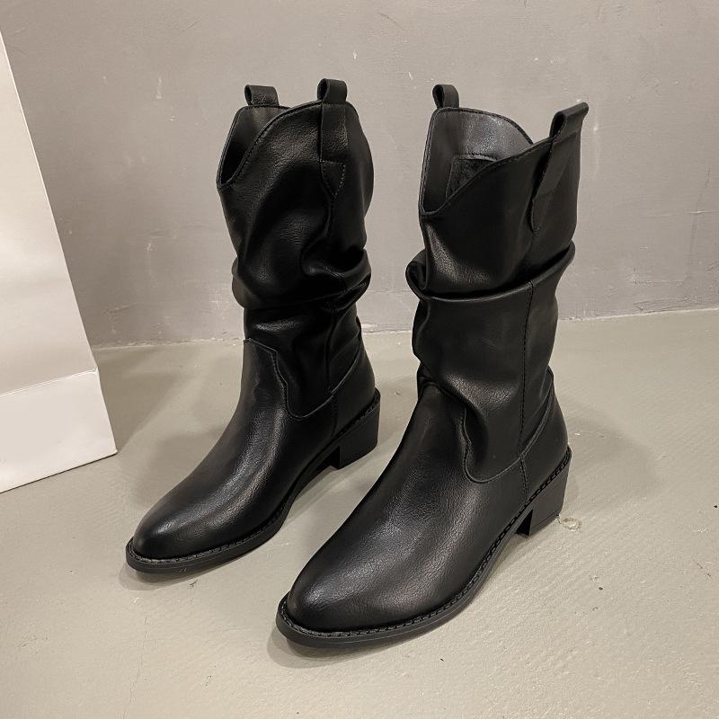 

Сапоги с плиссированным ворсом женские зимние 2024 года новые толстые каблуки толстая подошва остроносые ковбойские ботинки модный темперамент модные ботинки 42