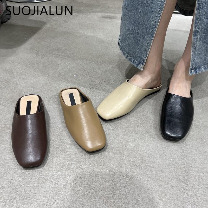 Mode SUOJIALUN Sommer Flacher Absatz Damen Slipper Mode Damen Lässig Runde Zehenpartie Slip-On Pantoletten Schuhe Outdoor Weiches Leder Sandalen Slides