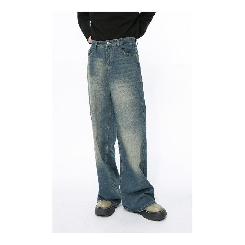 Korean-style distressed vibe design retro blue casual wide-leg straight men's jeans trendy