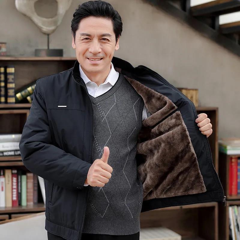 Velvet-Lined Thick Jacket for Men (Ages 60-70) - Warm Autumn/Winter Outerwear