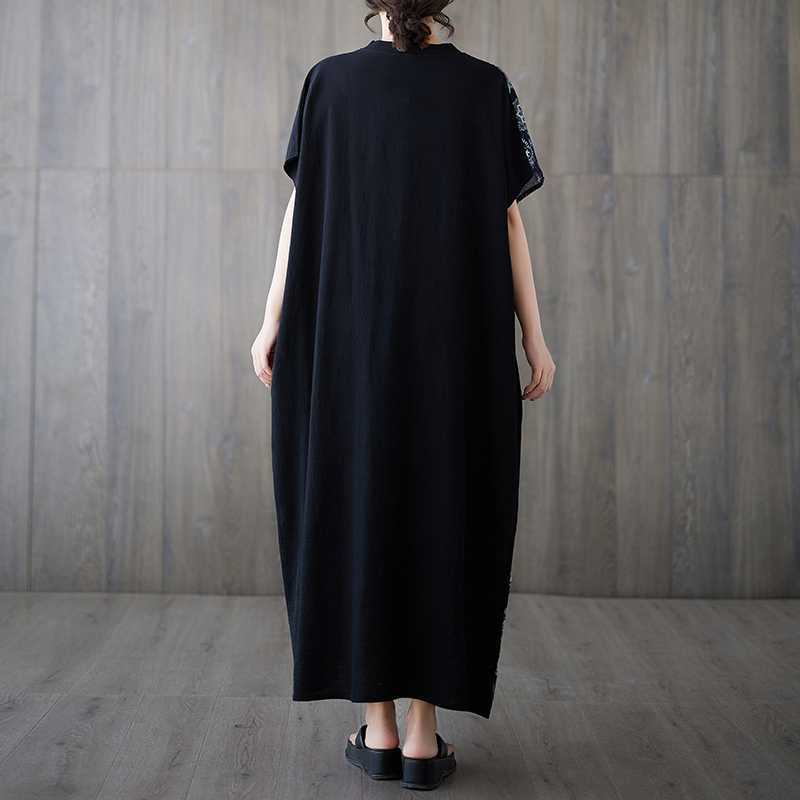 Cotton and Linen Retro Slimming Short Sleeved Color Blocked Dress for Women