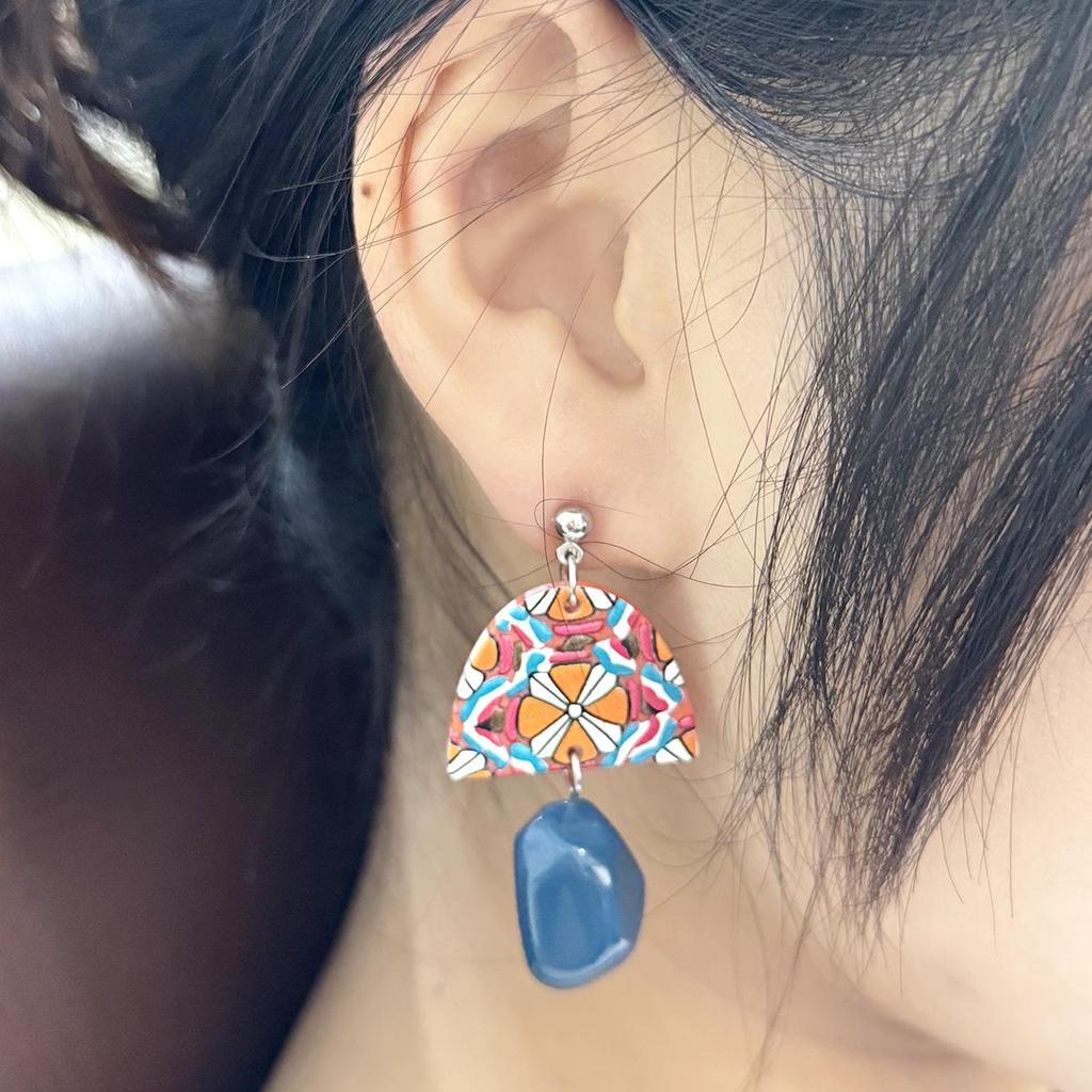 Baroque American Retro Acrylic Earrings: Yellow & Blue Geometric with Irregular Design