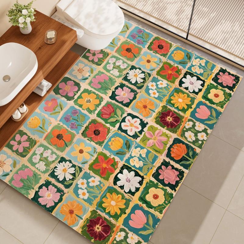 Bath Mat Oil Painting Floral Mosaic Grid Vintage Colorful Flower Non‑Slip Absorbent Rug Bathroom Shower Decor