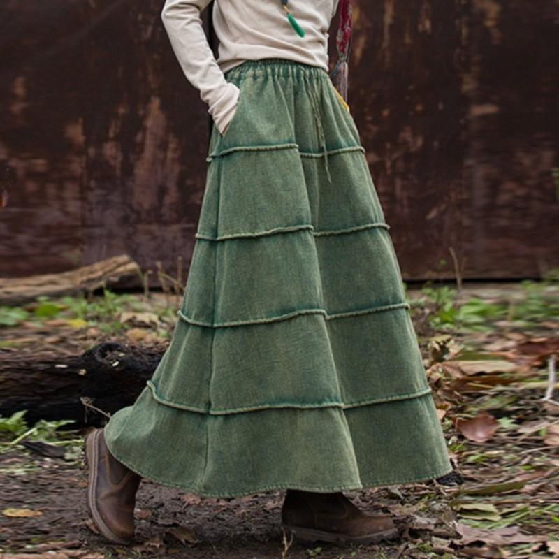 

Женские плюшевые юбки трапециевидной формы Johnature, винтажные эластичные талии из рами, хлопковые мягкие теплые ткани, зимние женские юбки в стиле пэчворк One Size зелёный