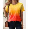 Camiseta Feminina Casual Ombré Gola Redonda Amarelo Vermelho Degradê Manga Curta Macia Elástica Diária Verão Básica Tops