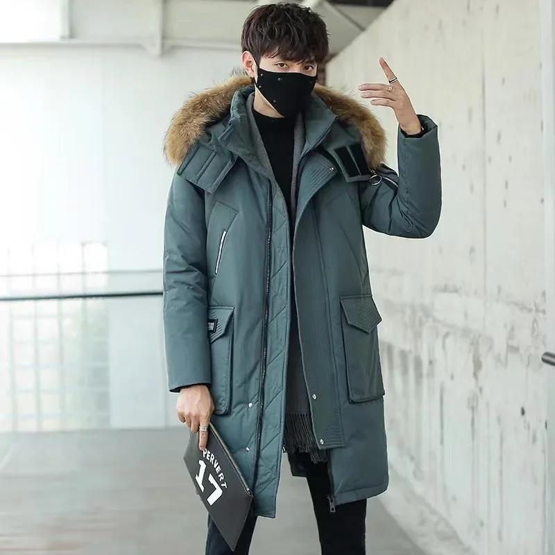 Men's Long Down Jacket with Large Fur Collar and Thick Warm White Duck Down Coat