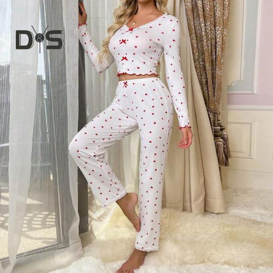 Women Lace Trim Pajama Set Long Sleeve V-Neck Front Button Tops Full-Length Pants Sleepwear Nightwear