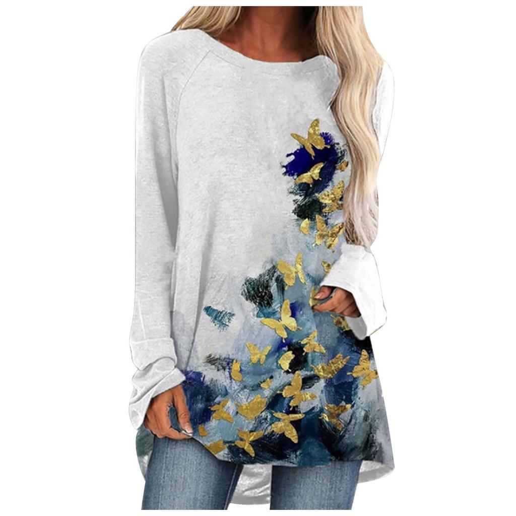 Women's Casual Fashion Creative Print Loose Round Neck Long Sleeve Tops