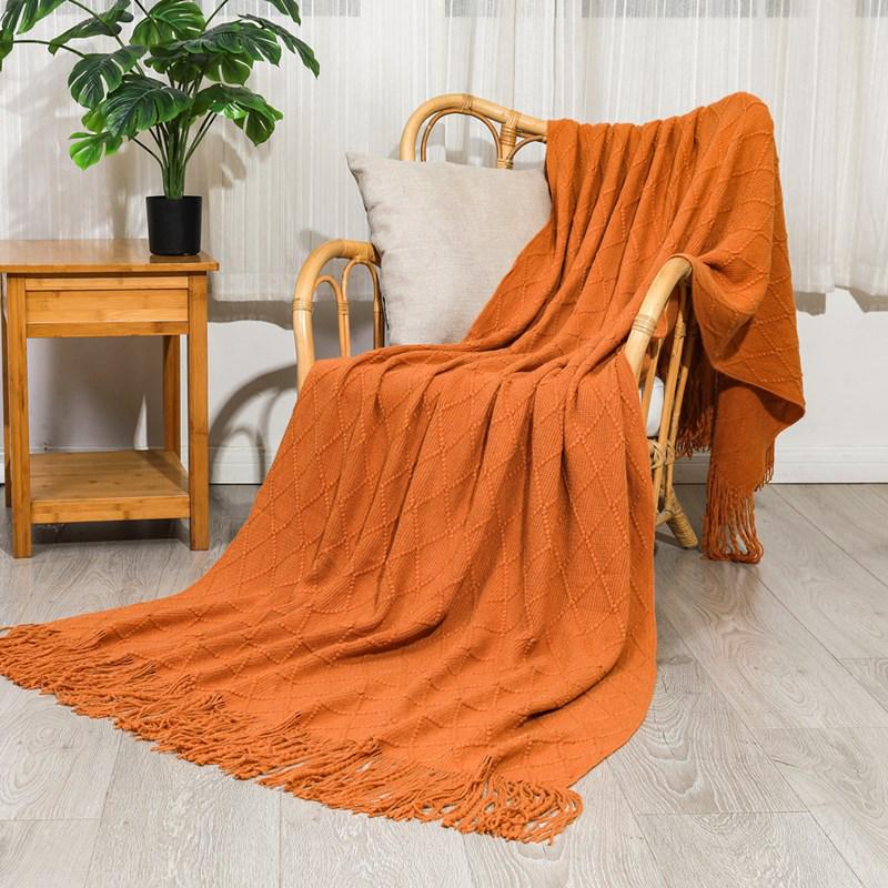 Nordic Retro Yellow Argyle Knit Blanket - Bed Runner, Sofa Throw, End Scarf Cover