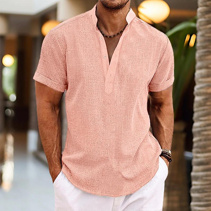 Men's Linen Shirts Short Sleeve Button Up Shirt Casual Summer Loose Fit Home Style Shirts