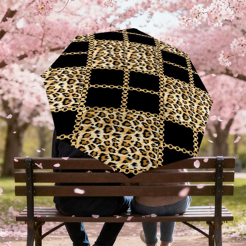 1 Stück Leopardenmuster Kettenraster Regenschirm - 8 Speichen verstärkt, Automatisches Öffnen, Leicht & Langlebig, Niedliches Modeaccessoire für Outdoor, Strand oder Freizeit