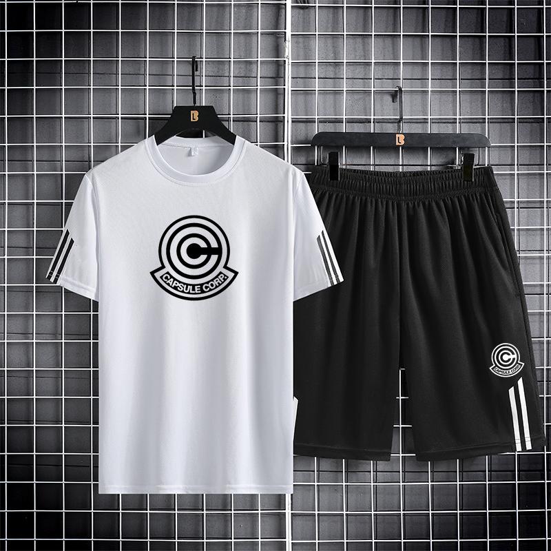 

Three Bar Men s Sports Set Summer Thin Ice Silk Trendy Print Short sleeved Shorts Quick Drying Running 2PK 5XL