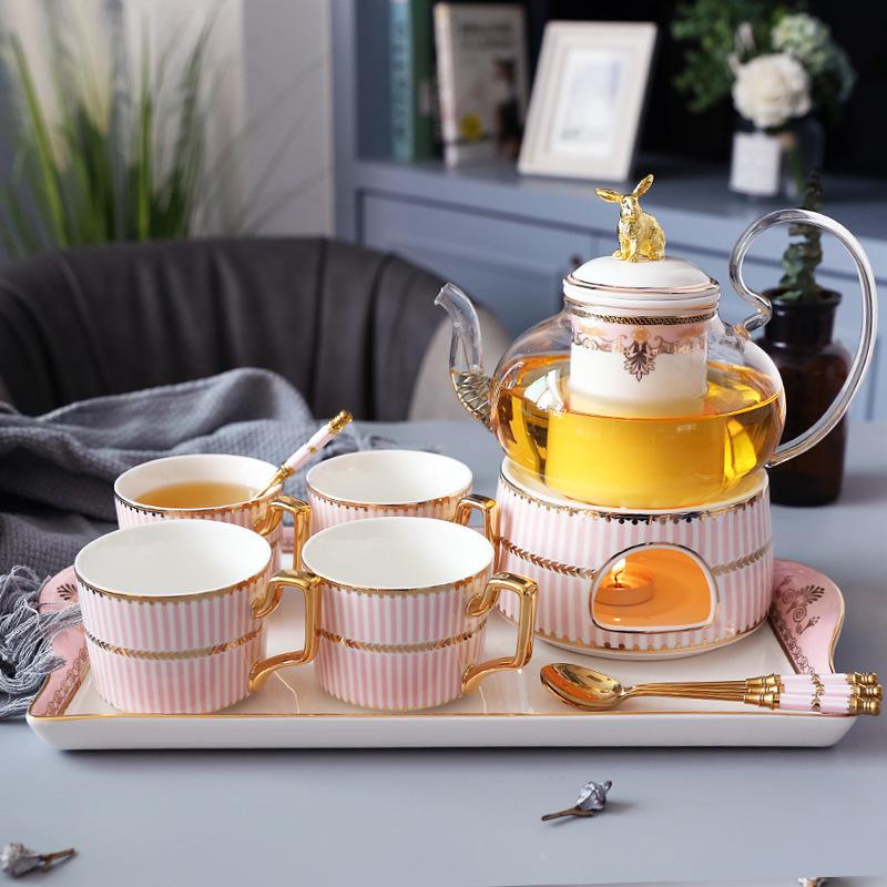 Household Flower Teapot Set, Glass Boiled Fruit Teapot, Ceramic Afternoon Tea Flower Fruit Teacup Tea Set, Candle Heating
