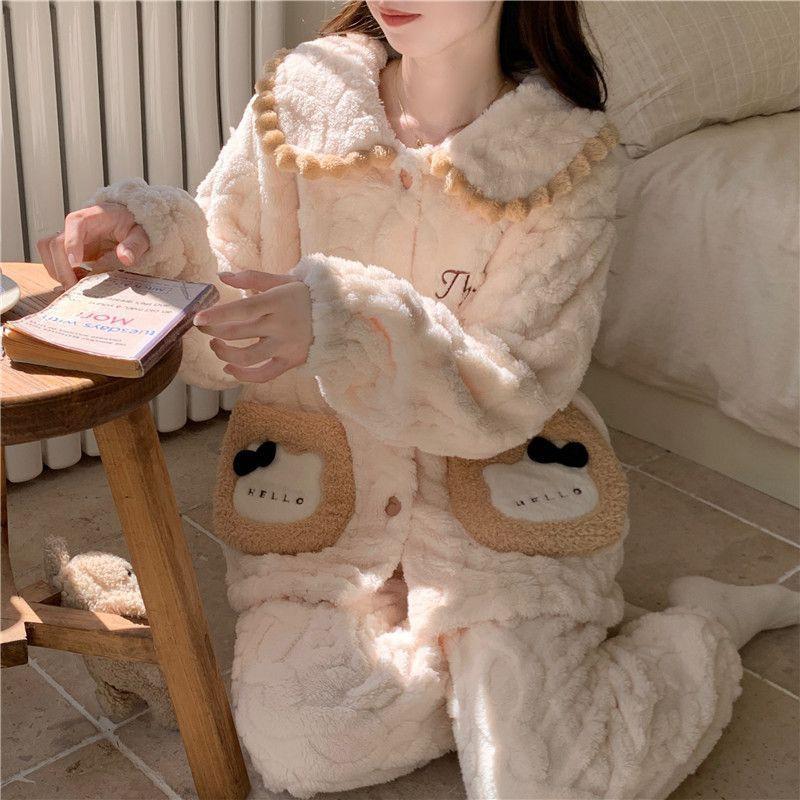 Womens Coral Fleece Pajama Set Princess Style Thick Warm Flannel Loungewear Winter