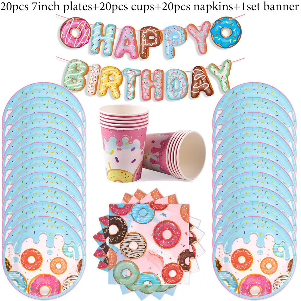 Donut Themed Birthday Tableware Set Pink Donuts Paper Napkin Plate Cup Tablecloth Donut Grow Up Birthday Party Baby Shower Decor