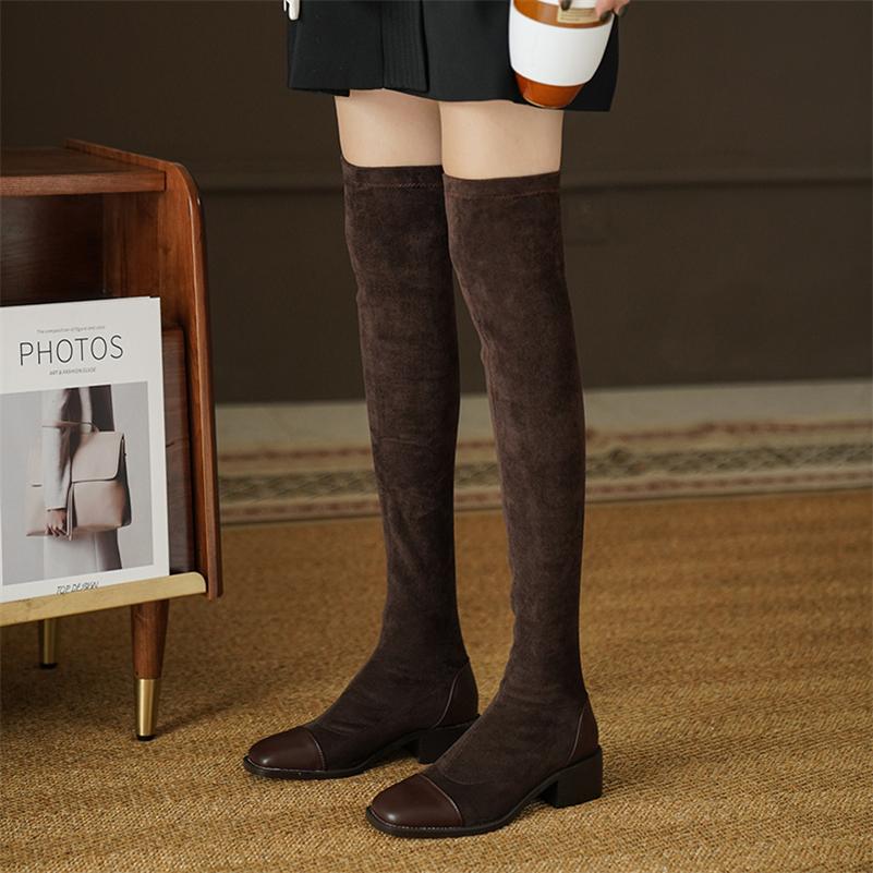 FOREADA Women Over-the-Knee Boots Square Toe Thick Mid Heels Long Boot Concise Ladies Fashion Shoes Autumn Winter Brown Black 43