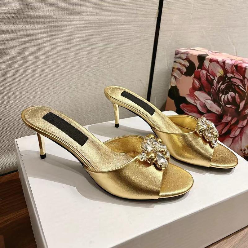 Summer Rhinestone Beaded Decor Leather Slippers