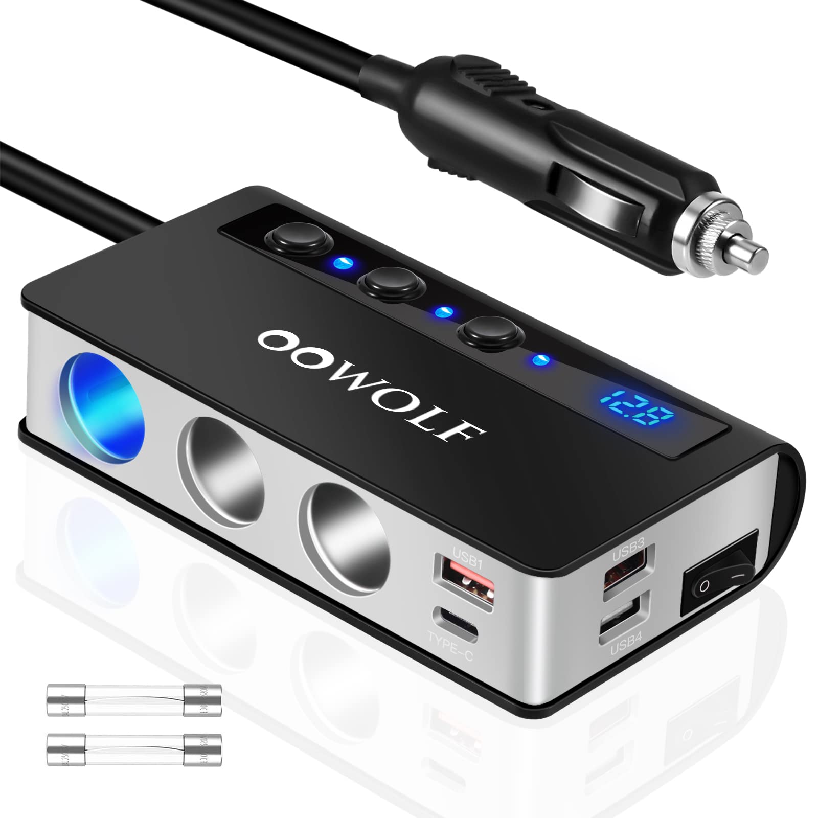 

Гнездо прикуривателя OOWOLF, 3 разъема, 180 Вт, USB x 4 порта, Быстрая зарядка QC3.0+PD (black + gray)
