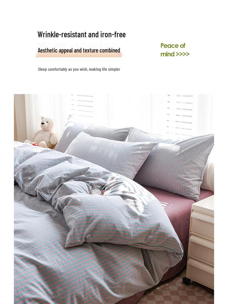 New Woven Cotton Pure 4-Piece Bedding Set: Skin-Friendly Pillowcase & Fitted Sheet