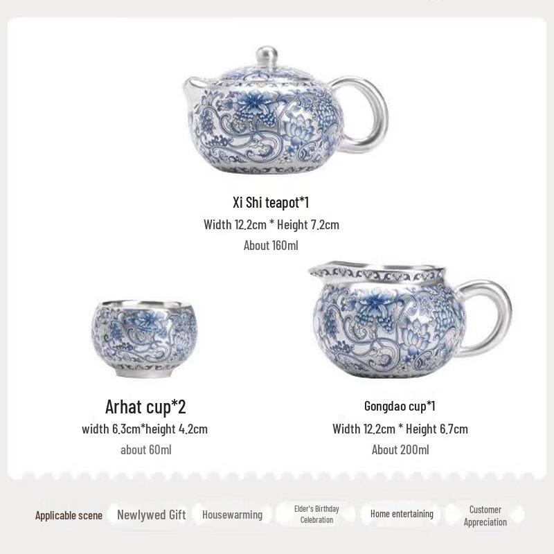 Master Su Aizhen Blue Floral Gilded Ceramic Xishi 4-Piece Tea Set