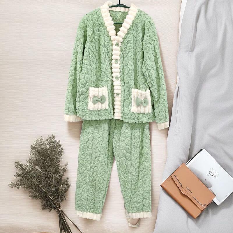 OEING Women's Warm Lychee Coral Fleece Cardigan Pajama Set