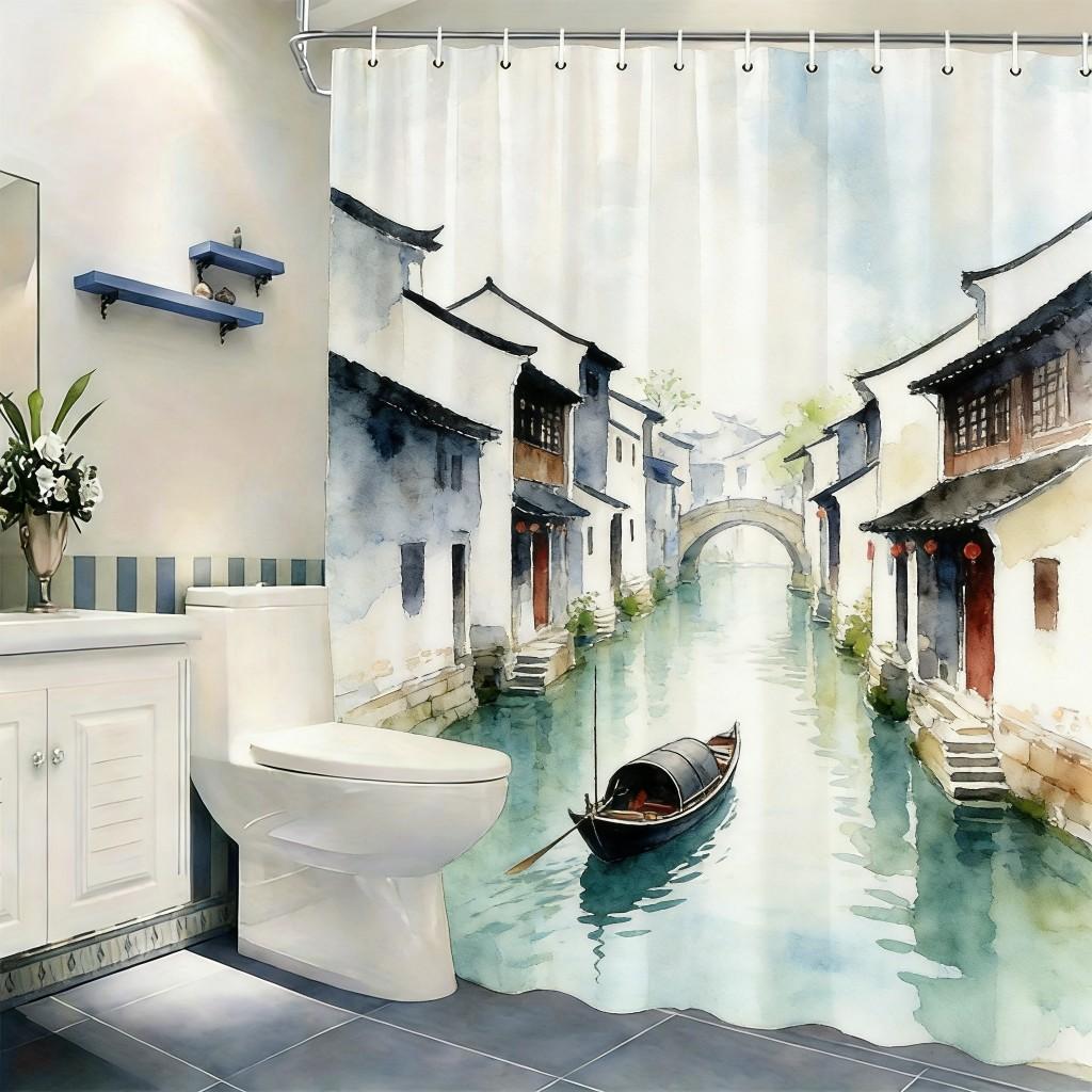Watercolor Sunset Ocean Sailboat & Seagulls Waterproof Shower Curtain For Bathroom Decor