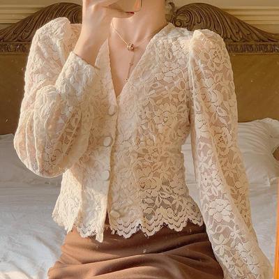 Fashionable Women's French High-end V-neck Red Top Retro Shirt with Bottoming Lace Shirt Western Style