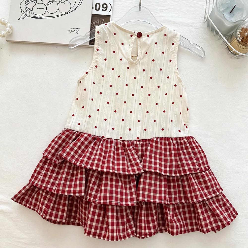 Girls' Red Polka Dot Bow Plaid Sleeveless Dress - New Summer 2026 Princess Style